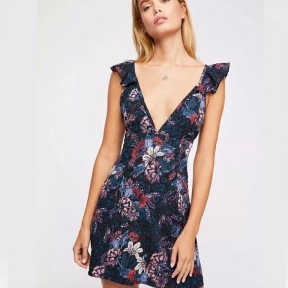 Free People Josie Deep V Neck Floral Mini Dress - Black Teal Purple - Size L - Picture 1 of 6